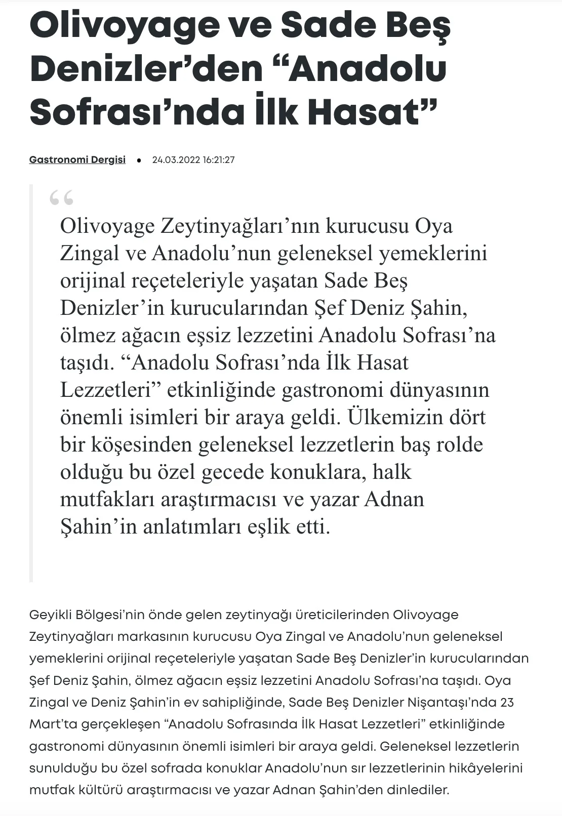 Olivoyage ve Sade Beş Denizler’den “Anadolu Sofrası’nda İlk Hasat” - Gastronomi Dergisi